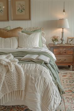 a bed with white and green comforters in a bedroom next to a lamp on a dresser