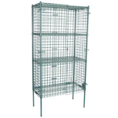 the green wire shelving unit has four shelves