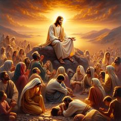 jesus sitting on top of a rock surrounded by other people and looking at the sky