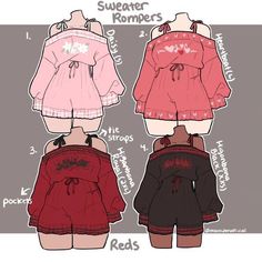 three different colored tops and shorts with the names of them in black, red, and white