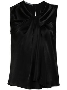 black satin finish pleat detailing gathered detailing sleeveless curved hem single rear button fastening Elegant Pleated Silk Blouse, Elegant Silk Pleated Blouse, Chic Pleated Silk Top, Chic Silk Pleated Top, Elegant Pleated Silk Tops, Elegant Sleeveless Pleated Top, Elegant Pleated Evening Blouse, Elegant Pleated Blouse For Evening, Sleeveless Satin Tops For Evening