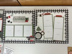 two christmas cards are displayed on a refrigerator door with magnets and papers attached to them