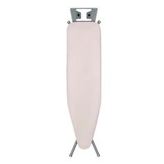 a white ironing board on a stand with two metal clips in front of it