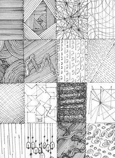 a black and white drawing of many different patterns