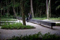 a man sitting on a bench in the middle of a park at night with trees