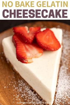 no bake gelatin cheesecake with strawberries on top and text overlay