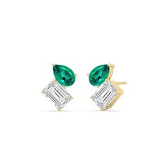 An excellent pair for everyday or special occasion wear, these earrings provide the perfect amount of sparkle to match your modern style. The stud earrings feature a Created Emerald pear and an emerald-cut diamond sitting side by side on pronged baskets. Expect these studs with screw-back closure to infuse a hint of geometric glamour into any ensemble. Sitting Side By Side, Gorgeous Engagement Ring, Diamond Stud Earrings, Emerald Gemstone, Diamond Stud, Emerald Cut Diamonds, Side By Side, Lab Diamonds, Diamond Earrings Studs