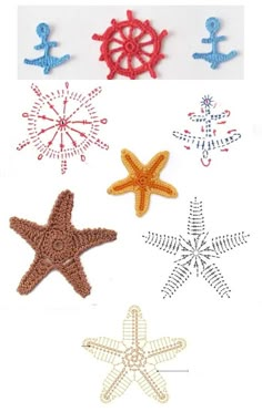 four different types of starfishs and anchors on a white background with text that reads free crochet pattern