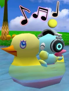 a duck floating on top of a body of water next to a tree and music notes