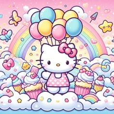 hello kitty with balloons and cupcakes in the sky