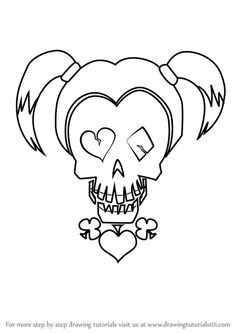 a drawing of a skull with hearts on it