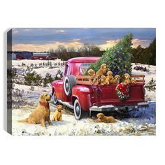 an old red truck with teddy bears in the bed and two puppies sitting on the back