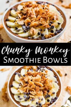 two bowls filled with bananas, chocolate chips and granola on top of each other