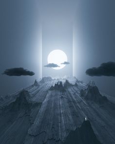 an alien landscape with mountains and clouds in the sky