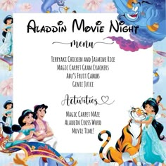 the disney movie night menu is shown with princesses and tiggers on it