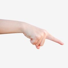 a person's hand pointing at something on a white background with no image in it