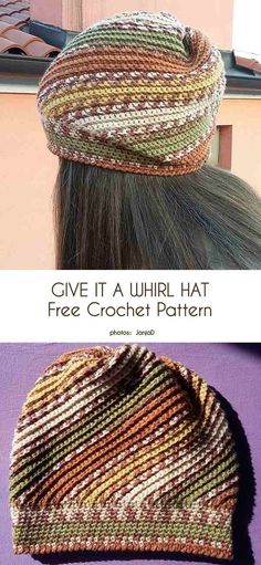 two pictures showing different types of knitted hats with text overlays that reads give it a whirl hat free crochet pattern