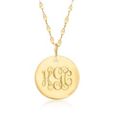 Ross-Simons - Italian 14kt Yellow Gold Personalized Disc Necklace. 18". Make it personal! Shining in polished 14kt yellow gold, this stylish disc pendant necklace can be personalized with a single initial or monogram in script (shown) or block type. FREE engraving. Suspends from a Lumachina chain with a 2" extender. Made in Italy. Springring clasp, 14kt yellow gold disc pendant necklace. Engraving Jewelry, Monogram Pendant Necklace, Monogram Necklace Gold, Expensive Stuff, Gold Disc Necklace, Monogram Pendant, Gold Disc, Circle Pendant Necklace, Gold Monogram