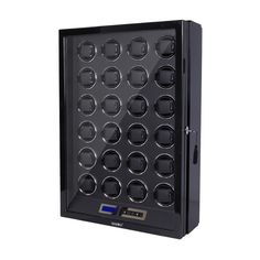 an electronic device with multiple compartments and buttons on the front, in black plastic case