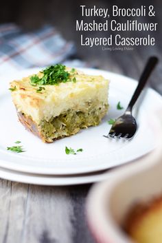 a piece of broccoli and mashed cauliflower layered casserole