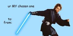 a man with a light saber in his hand and the words ur my chosen one to from