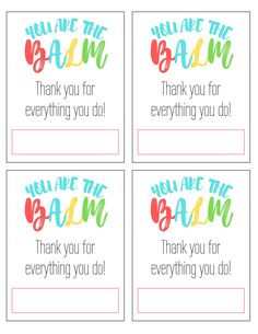 four thank cards with the words, you are the balm and we are the bam