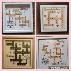 four framed scrabbles with words and hearts on them in different colors, shapes and sizes