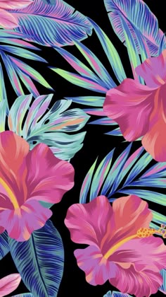 pink and blue flowers with green leaves on a black background, seamless wallpaper