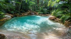 a pool surrounded by tropical plants and trees