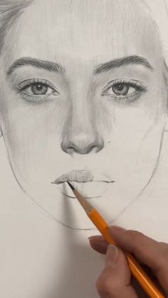 a drawing of a woman's face with a pencil in her mouth and nose