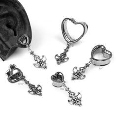 Heart Eyelets with Hanging Flower Pendant Stretched Lobes Aesthetic, Adjustable Internally Threaded Surgical Steel Body Jewelry, Adjustable Silver Heart Piercings, Cute Gauges, Small Ear Gauges, Plug Earrings Gauges, Tongue Piercing Jewelry, Gauges Piercing, Temptation Island