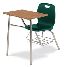 a school desk with a green chair next to it and a metal rack underneath the table