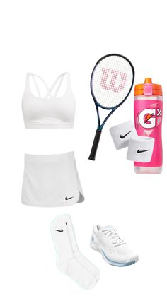 a tennis outfit is shown with shoes, water bottle and other items to be used