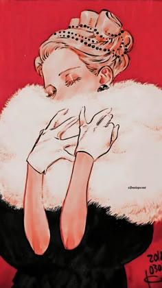 a painting of a woman wearing a fur coat and holding her hands to her chest