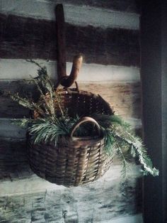 a basket hanging on the wall with plants in it