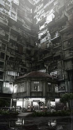 an old building with lots of windows and balconies on the roof is shown in black and white