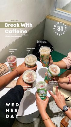 people sitting around a table with drinks and ice creams on it's sides