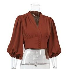 Brown V Neck Puff Long Sleeve Corset Top Woman Blouse Casual, Blouse Elegant, Lantern Sleeve Top, Lantern Sleeved Blouses, Puff Long Sleeves, Retro Mode, Collars For Women, Mode Inspo, Tunic Styles