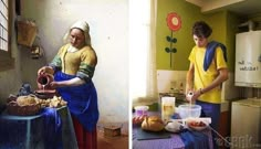 two paintings of women cooking in the kitchen and on the dining room table, one is pouring water from a jug