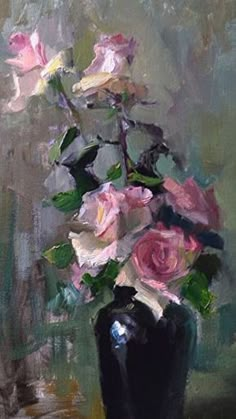 a painting of pink roses in a black vase