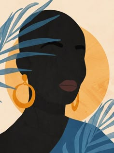 an illustration of a woman with large earrings and palm leaves in front of the sun