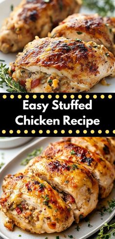 two plates with chicken on them and the words easy stuffed chicken recipe