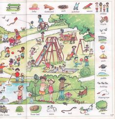 an open children's book with pictures of people playing and having fun in the park