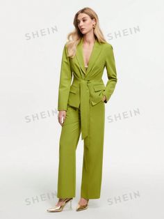 Free Returns ✓ Free Shipping✓. SHEIN BIZwear Ladies' Sharp Point Collar Long Sleeve Blazer And Pants Suit Set- Women Suit Sets at SHEIN. Gold Tuxedo, Tuxedo Women, Green Suit, Inspo Outfit, Pants Suit, Long Sleeve Blazers, Kpop Fashion Outfits, Suit Set, Kpop Fashion