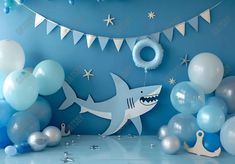 Blue Shark Backdrop - Gatsby Backdrop Shark Backdrop, Balloons Photography, Background Studio, Pregnant Wedding, Blue Shark, Shark Birthday, Birthday Cake Smash, First Birthday Ideas, Graffiti Wall