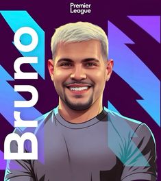 a digital painting of a smiling man in front of a purple and blue background with the words bruno on it