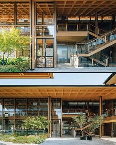 two photos side by side showing the inside and outside of a building with plants growing on it