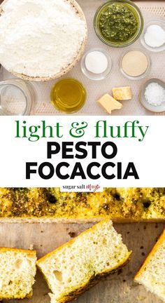 light and fluffy pesto focaccia bread on a cutting board with ingredients