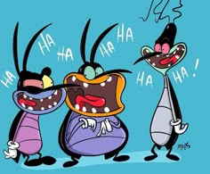 three cartoon characters are standing next to each other and one has his mouth wide open