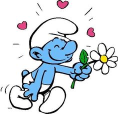 a blue cartoon character holding a flower and giving it to someone with hearts in the background